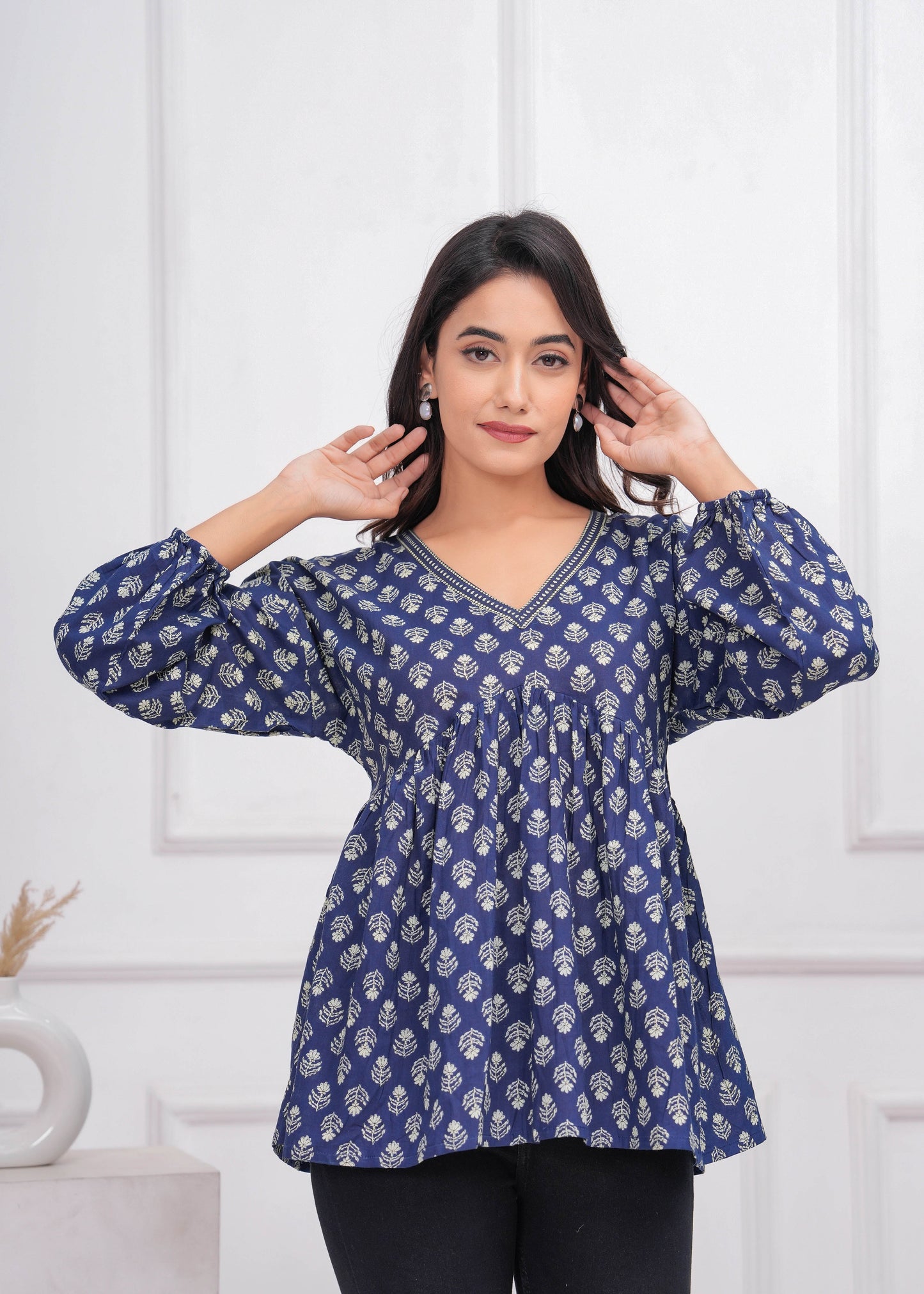 Blue Ethnic Printed Peplum Tunic For Women | LASVINI - Redefining Indian Fashion with Elegance