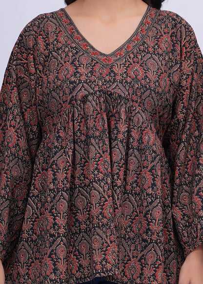Black Ethnic Printed Peplum Tunic For Women | LASVINI - Redefining Indian Fashion with Elegance