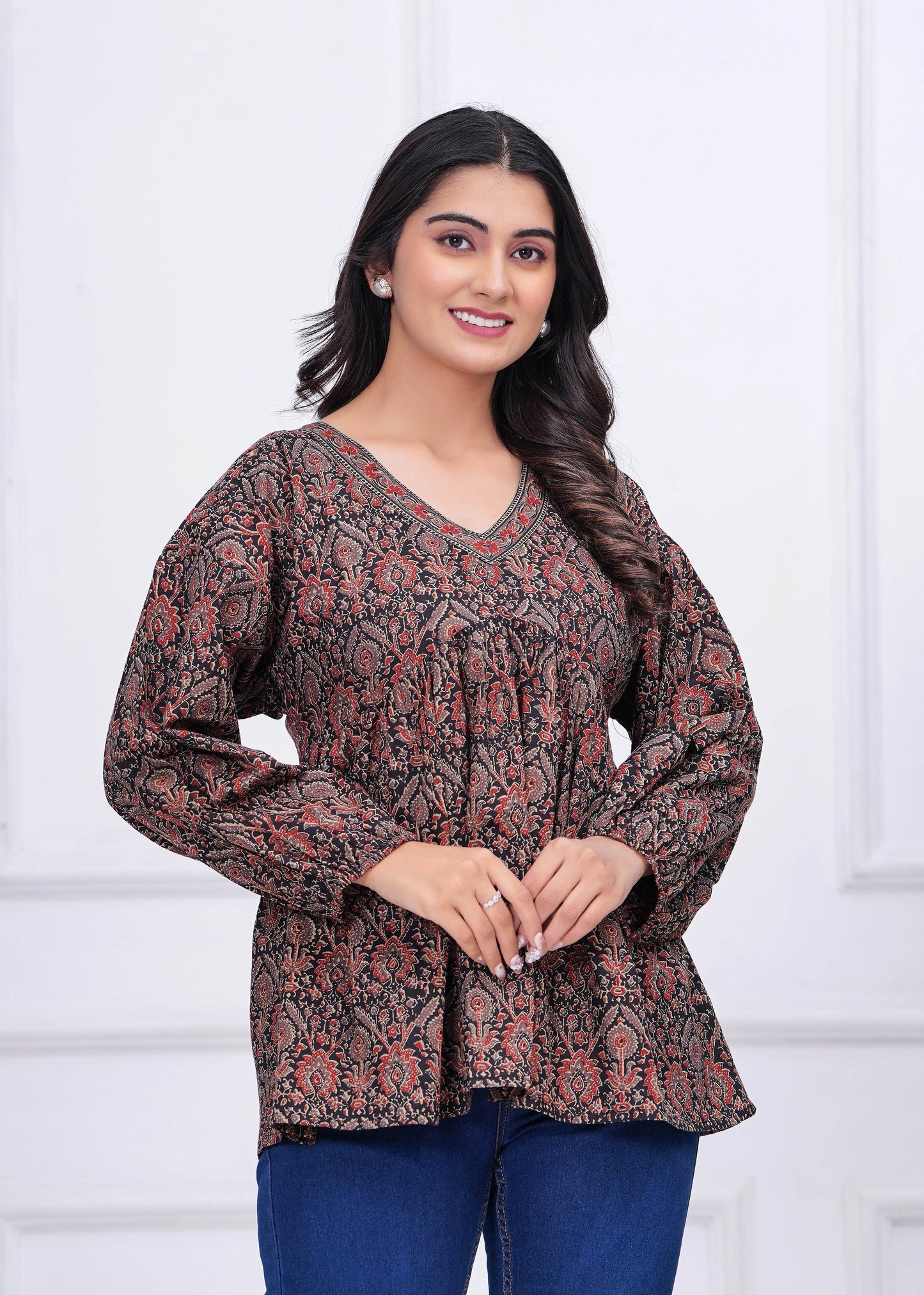 Black Ethnic Printed Peplum Tunic For Women | LASVINI - Redefining Indian Fashion with Elegance