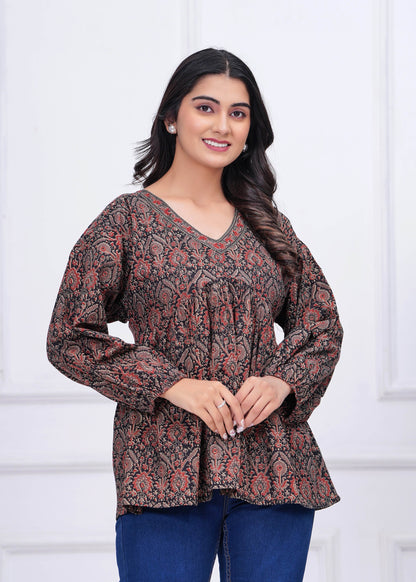 Black Ethnic Printed Peplum Tunic For Women | LASVINI - Redefining Indian Fashion with Elegance