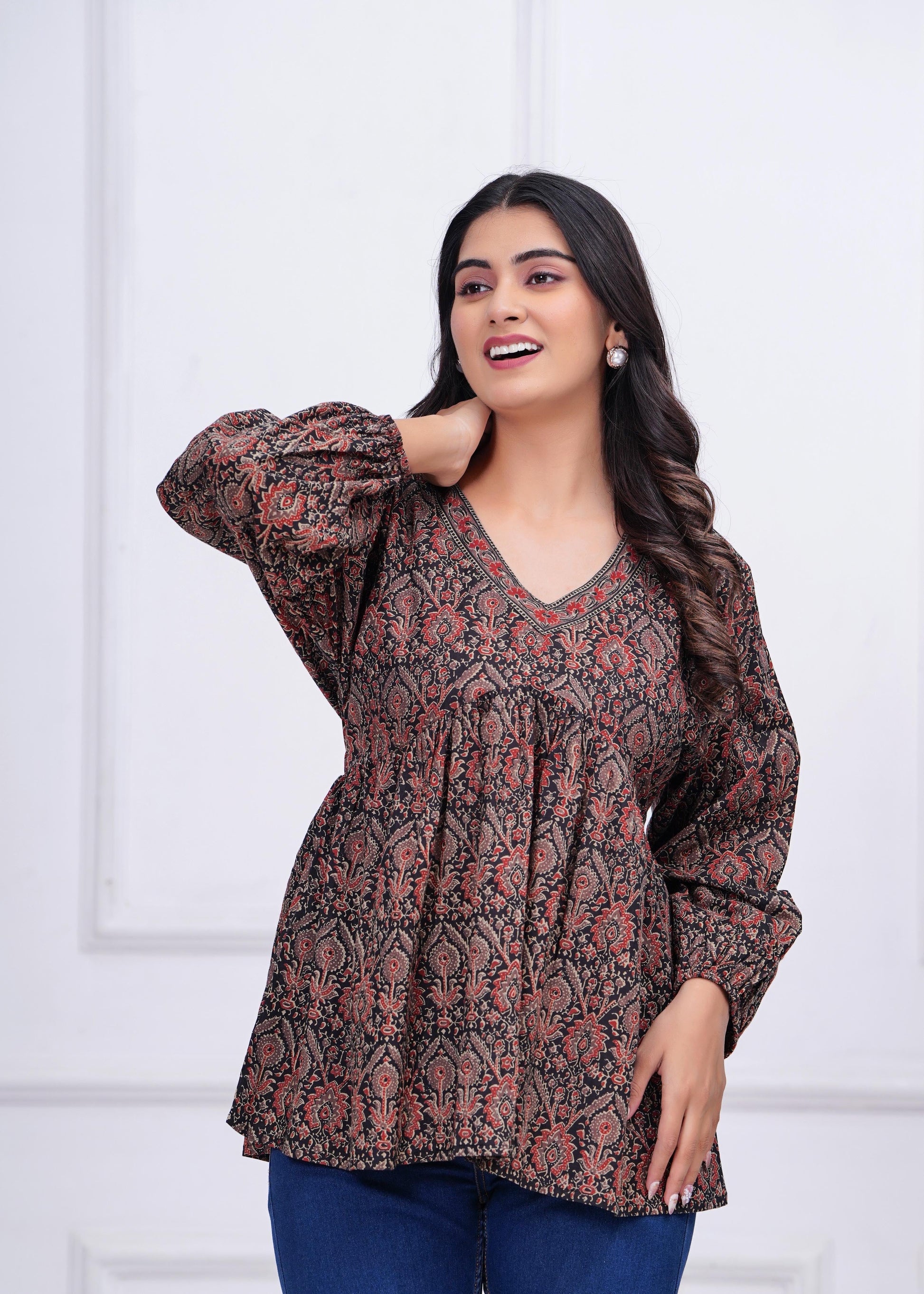 Black Ethnic Printed Peplum Tunic For Women | LASVINI - Redefining Indian Fashion with Elegance