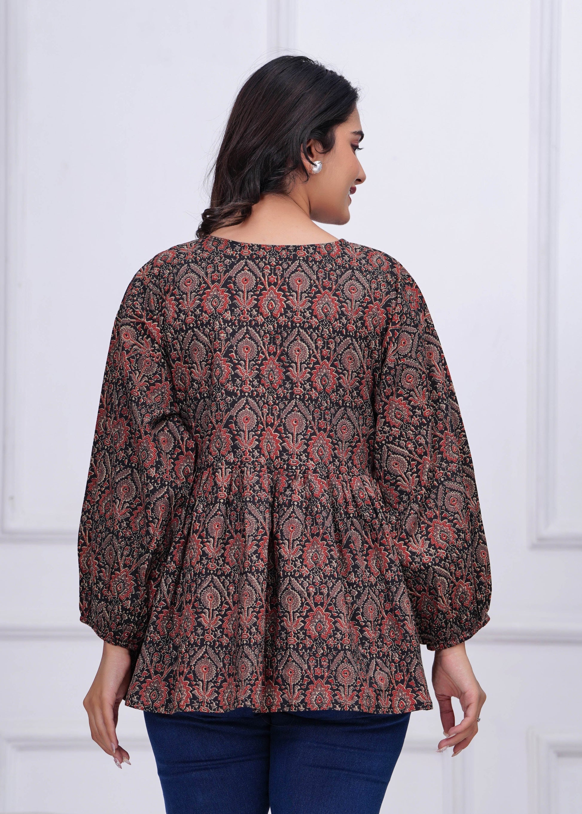 Black Ethnic Printed Peplum Tunic For Women | LASVINI - Redefining Indian Fashion with Elegance