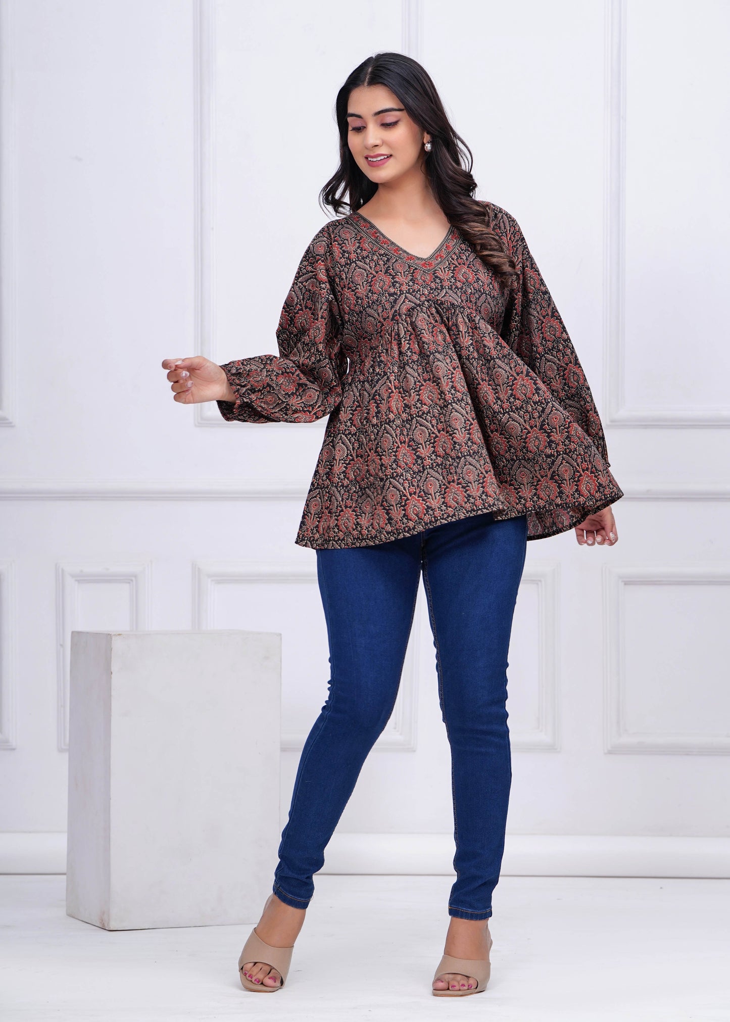 Black Ethnic Printed Peplum Tunic For Women | LASVINI - Redefining Indian Fashion with Elegance