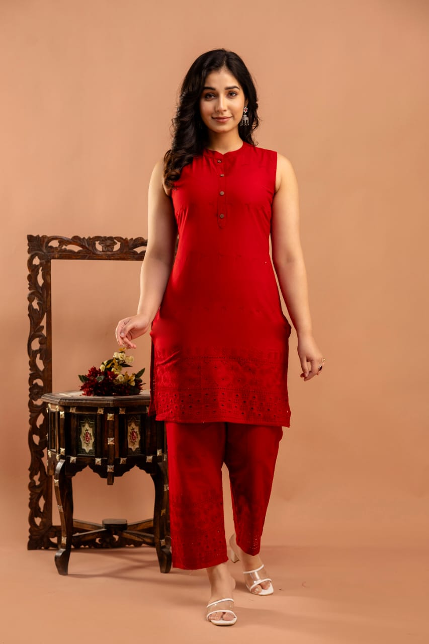 Red Schifli Sleeveless Co-Ord set for Women | LASVINI - Redefining Indian Fashion with Elegance