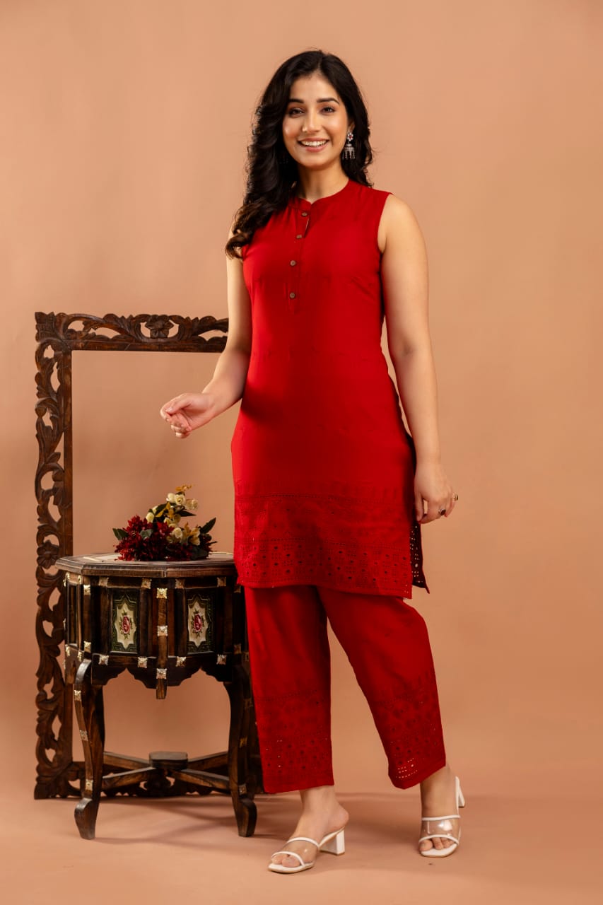 Red Schifli Sleeveless Co-Ord set for Women | LASVINI - Redefining Indian Fashion with Elegance