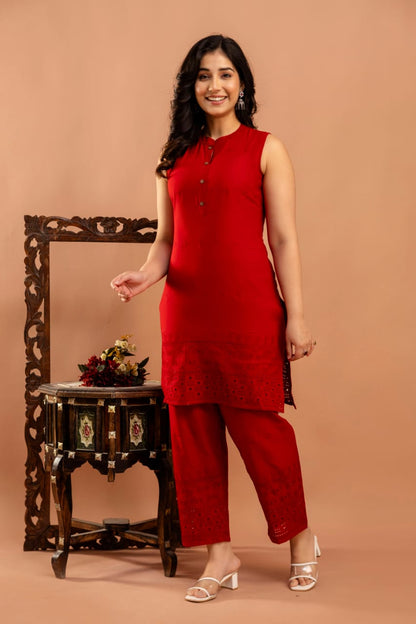 Red Schifli Sleeveless Co-Ord set for Women | LASVINI - Redefining Indian Fashion with Elegance