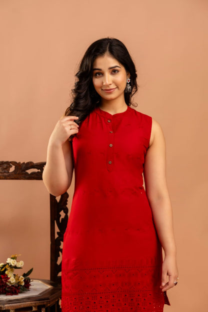 Red Schifli Sleeveless Co-Ord set for Women | LASVINI - Redefining Indian Fashion with Elegance