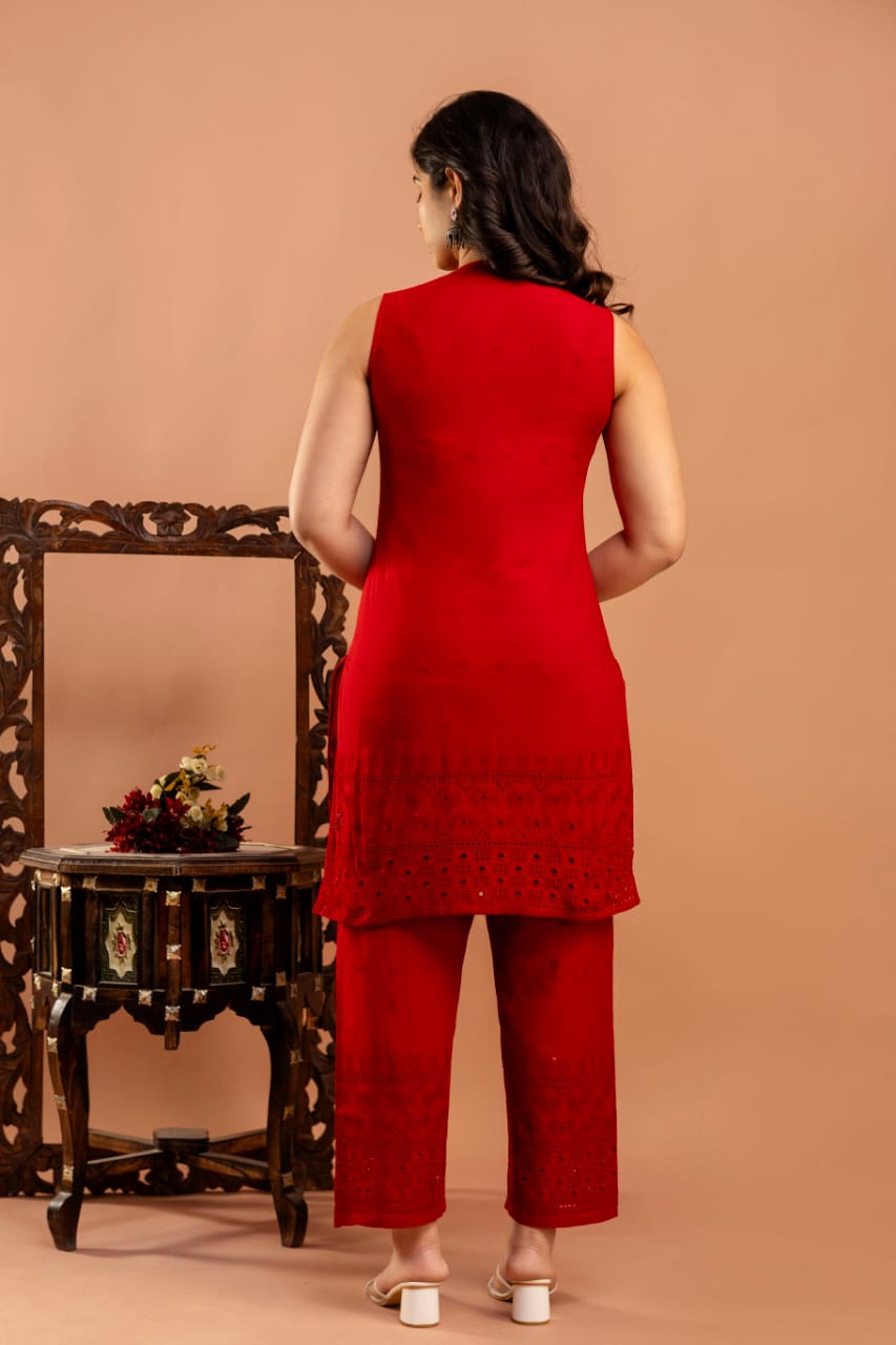 Red Schifli Sleeveless Co-Ord set for Women | LASVINI - Redefining Indian Fashion with Elegance