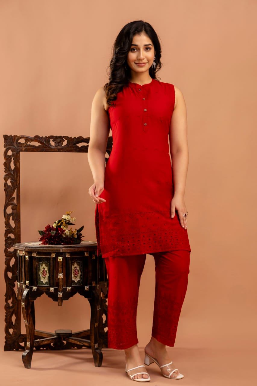 Red Schifli Sleeveless Co-Ord set for Women | LASVINI - Redefining Indian Fashion with Elegance