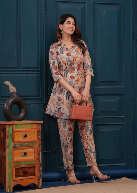Beige Printed Co-Ord set for Women | LASVINI - Redefining Indian Fashion with Elegance