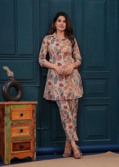 Beige Printed Co-Ord set for Women | LASVINI - Redefining Indian Fashion with Elegance