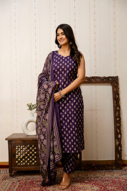 Purple Printed Straight Kurta & Trouser With Dupatta for Women | LASVINI - Redefining Indian Fashion with Elegance
