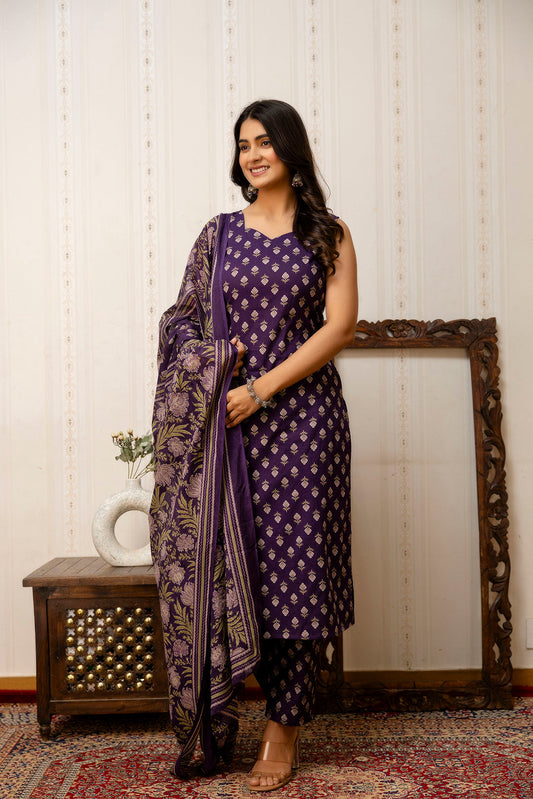 Purple Printed Straight Kurta & Trouser With Dupatta for Women | LASVINI - Redefining Indian Fashion with Elegance