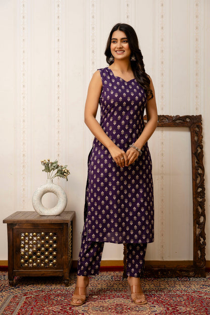 Purple Printed Straight Kurta & Trouser With Dupatta for Women | LASVINI - Redefining Indian Fashion with Elegance