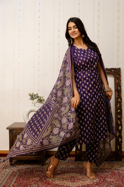 Purple Printed Straight Kurta & Trouser With Dupatta for Women | LASVINI - Redefining Indian Fashion with Elegance