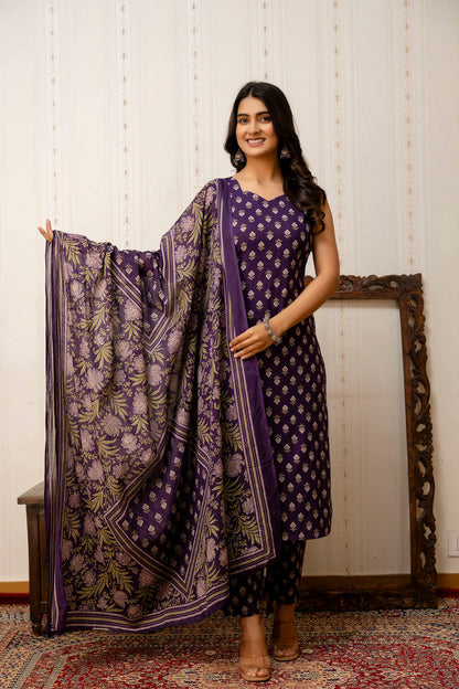 Purple Printed Straight Kurta & Trouser With Dupatta for Women | LASVINI - Redefining Indian Fashion with Elegance