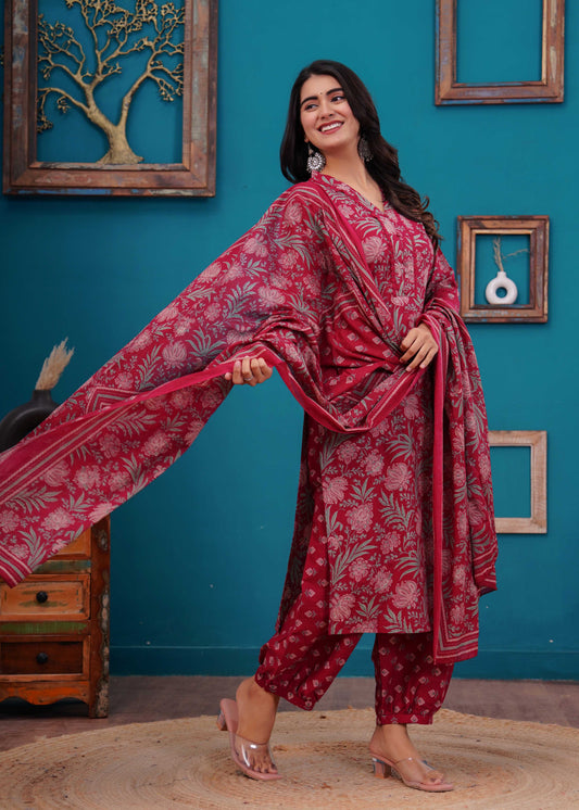 Pink Printed Straight Kurta Set With Dupatta for Women | LASVINI - Redefining Indian Fashion with Elegance