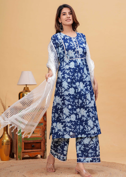 Indigo Blue Straight Kurta & Palazzo With Dupatta for Women | LASVINI - Redefining Indian Fashion with Elegance