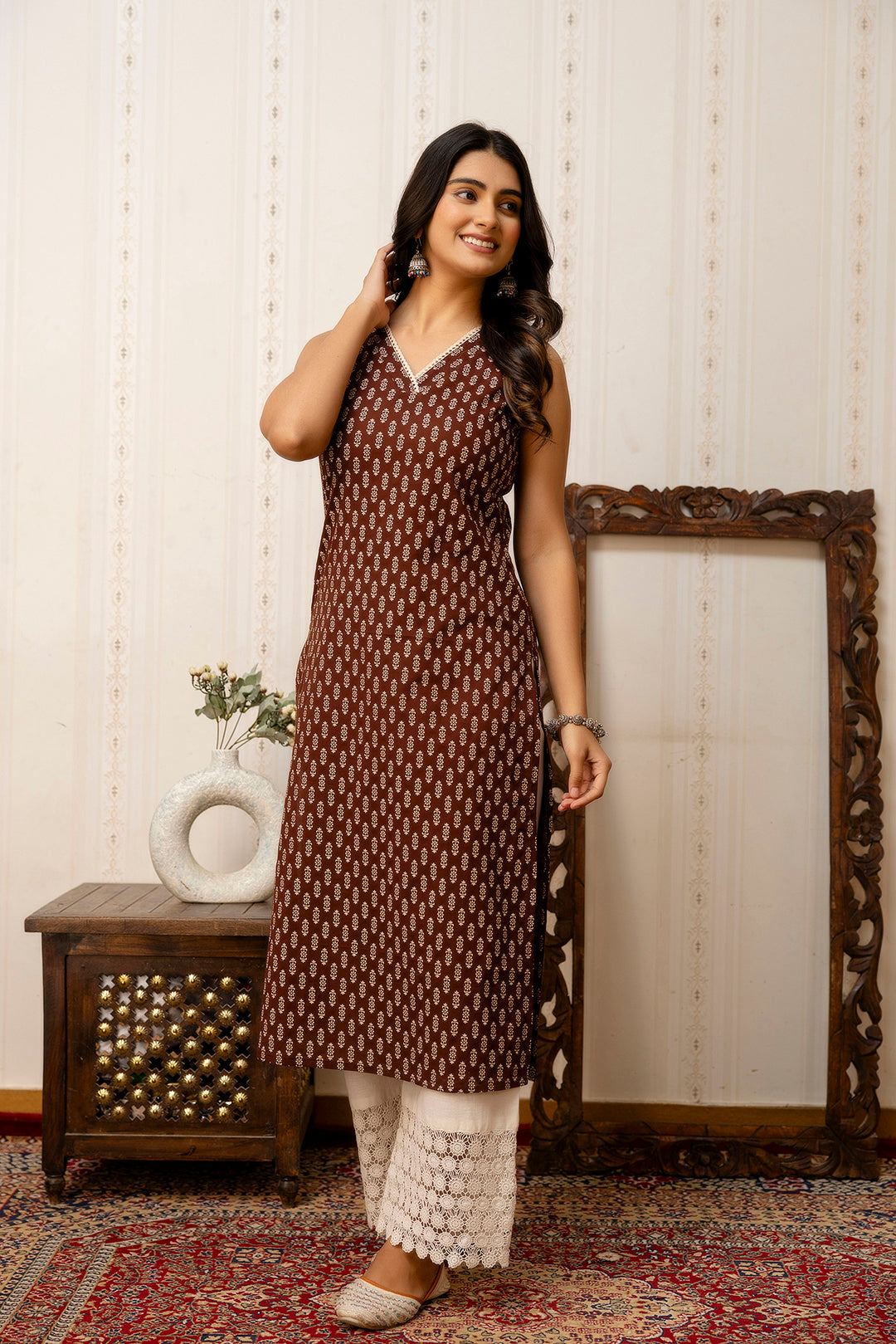 Women Brown Printed Straight V-neck Kurta | LASVINI - Redefining Indian Fashion with Elegance
