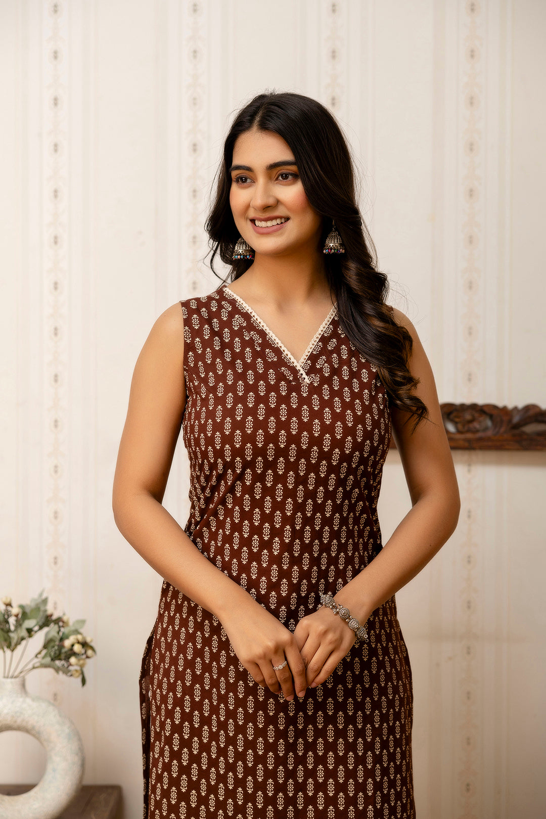 Women Brown Printed Straight V-neck Kurta | LASVINI - Redefining Indian Fashion with Elegance