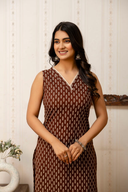 Women Brown Printed Straight V-neck Kurta | LASVINI - Redefining Indian Fashion with Elegance
