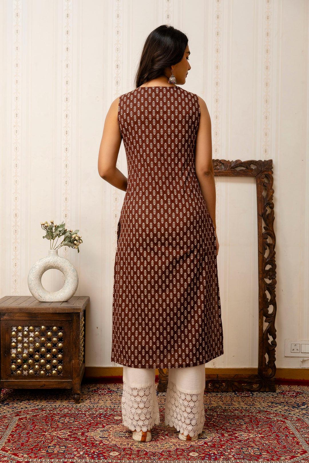Women Brown Printed Straight V-neck Kurta | LASVINI - Redefining Indian Fashion with Elegance