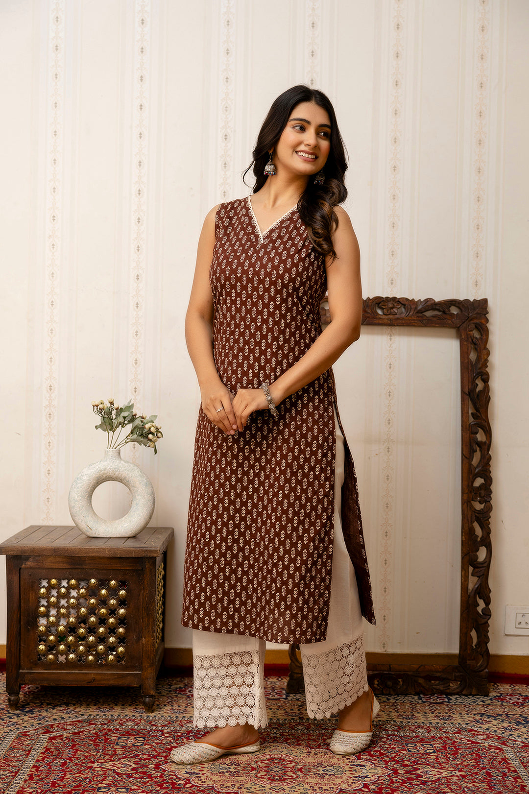 Women Brown Printed Straight V-neck Kurta | LASVINI - Redefining Indian Fashion with Elegance