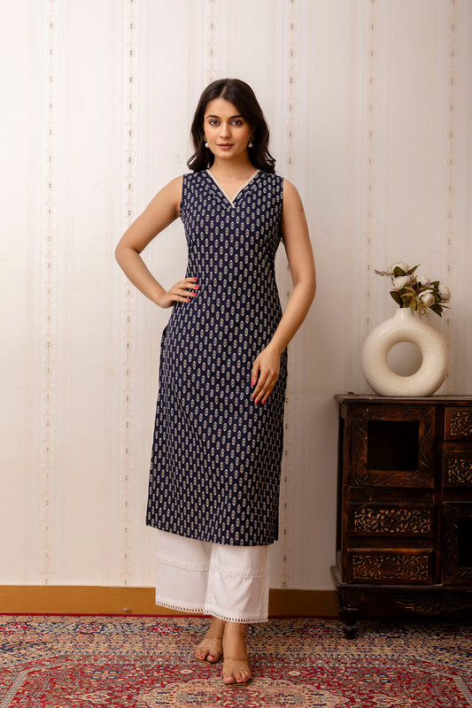 Women Navy Blue Printed Straight Shoulder Straps Kurta | LASVINI - Redefining Indian Fashion with Elegance