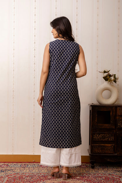 Women Navy Blue Printed Straight Shoulder Straps Kurta | LASVINI - Redefining Indian Fashion with Elegance