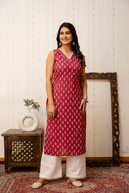 Women Mauve Printed Straight V-neck Kurta | LASVINI - Redefining Indian Fashion with Elegance