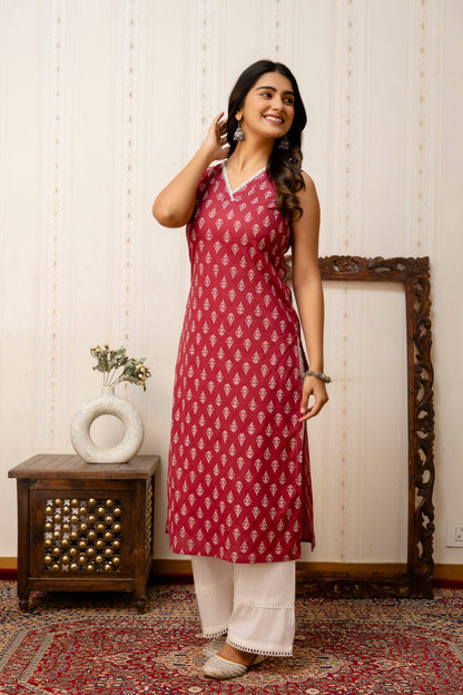 Women Mauve Printed Straight V-neck Kurta | LASVINI - Redefining Indian Fashion with Elegance