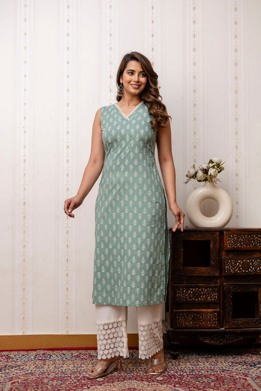 Women Green Printed Straight V-Neck Kurta | LASVINI - Redefining Indian Fashion with Elegance