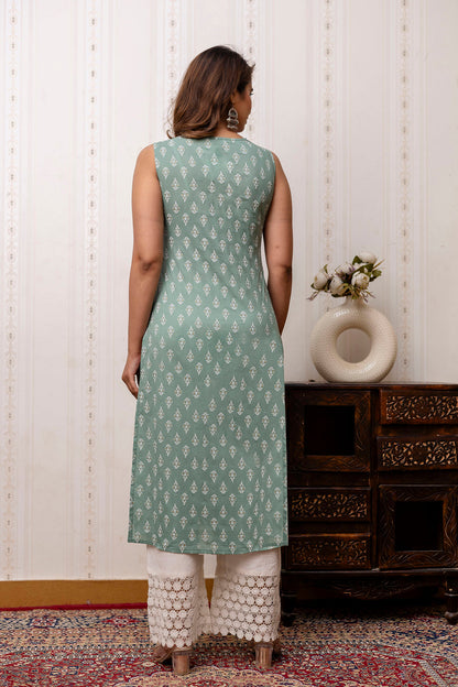 Women Green Printed Straight V-Neck Kurta | LASVINI - Redefining Indian Fashion with Elegance