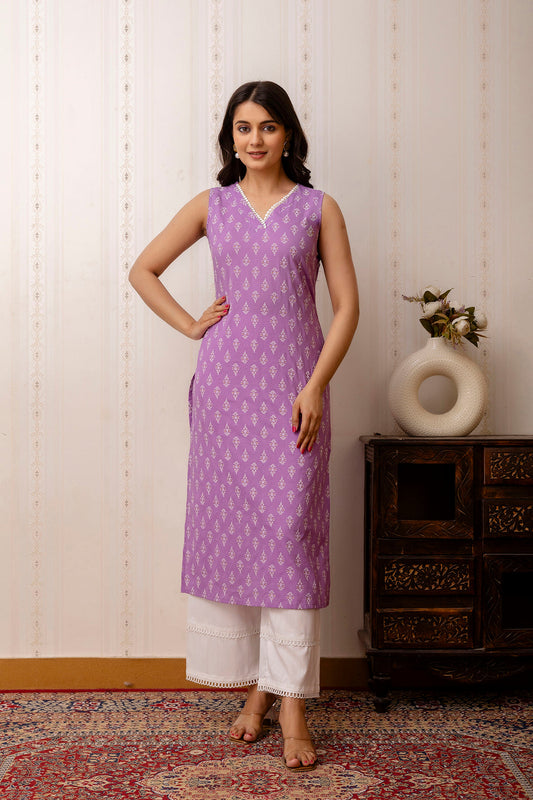 Women Purple Printed Straight Shoulder Straps Kurta | LASVINI - Redefining Indian Fashion with Elegance