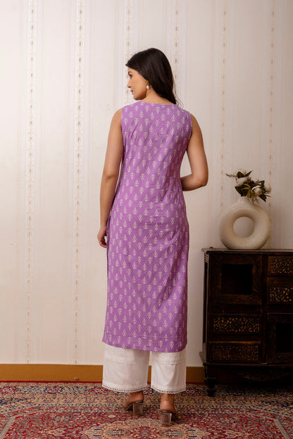Women Purple Printed Straight Shoulder Straps Kurta | LASVINI - Redefining Indian Fashion with Elegance
