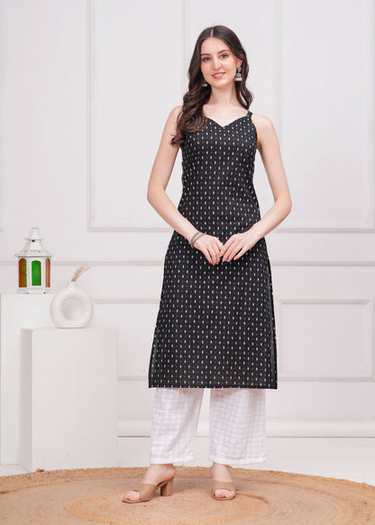 Women Black Printed Straight Shoulder Straps Kurta | LASVINI - Redefining Indian Fashion with Elegance
