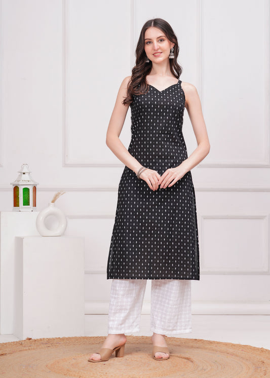 Women Black Printed Straight Shoulder Straps Kurta | LASVINI - Redefining Indian Fashion with Elegance