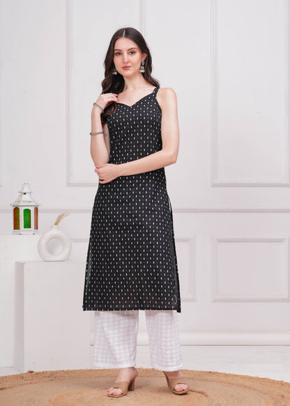 Women Black Printed Straight Shoulder Straps Kurta | LASVINI - Redefining Indian Fashion with Elegance
