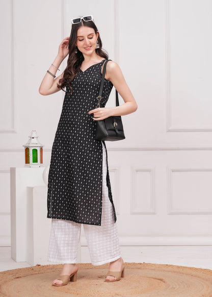 Women Black Printed Straight Shoulder Straps Kurta | LASVINI - Redefining Indian Fashion with Elegance