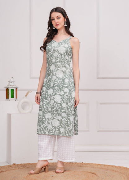 Women Green Printed Straight Shoulder Straps Kurta | LASVINI - Redefining Indian Fashion with Elegance