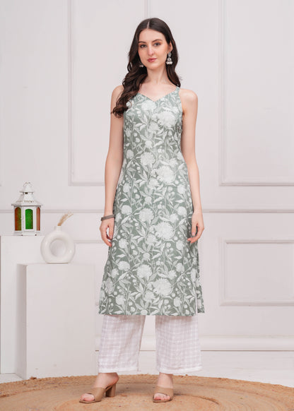 Women Green Printed Straight Shoulder Straps Kurta | LASVINI - Redefining Indian Fashion with Elegance