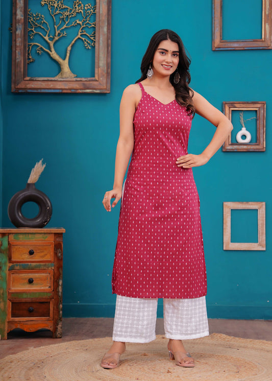 Women Pink Printed Straight Shoulder Straps Kurta | LASVINI - Redefining Indian Fashion with Elegance
