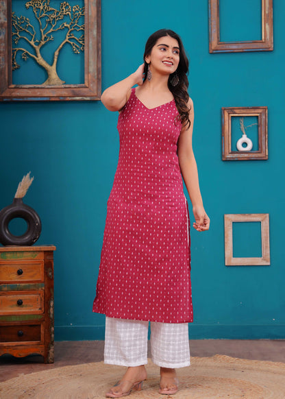 Women Pink Printed Straight Shoulder Straps Kurta | LASVINI - Redefining Indian Fashion with Elegance