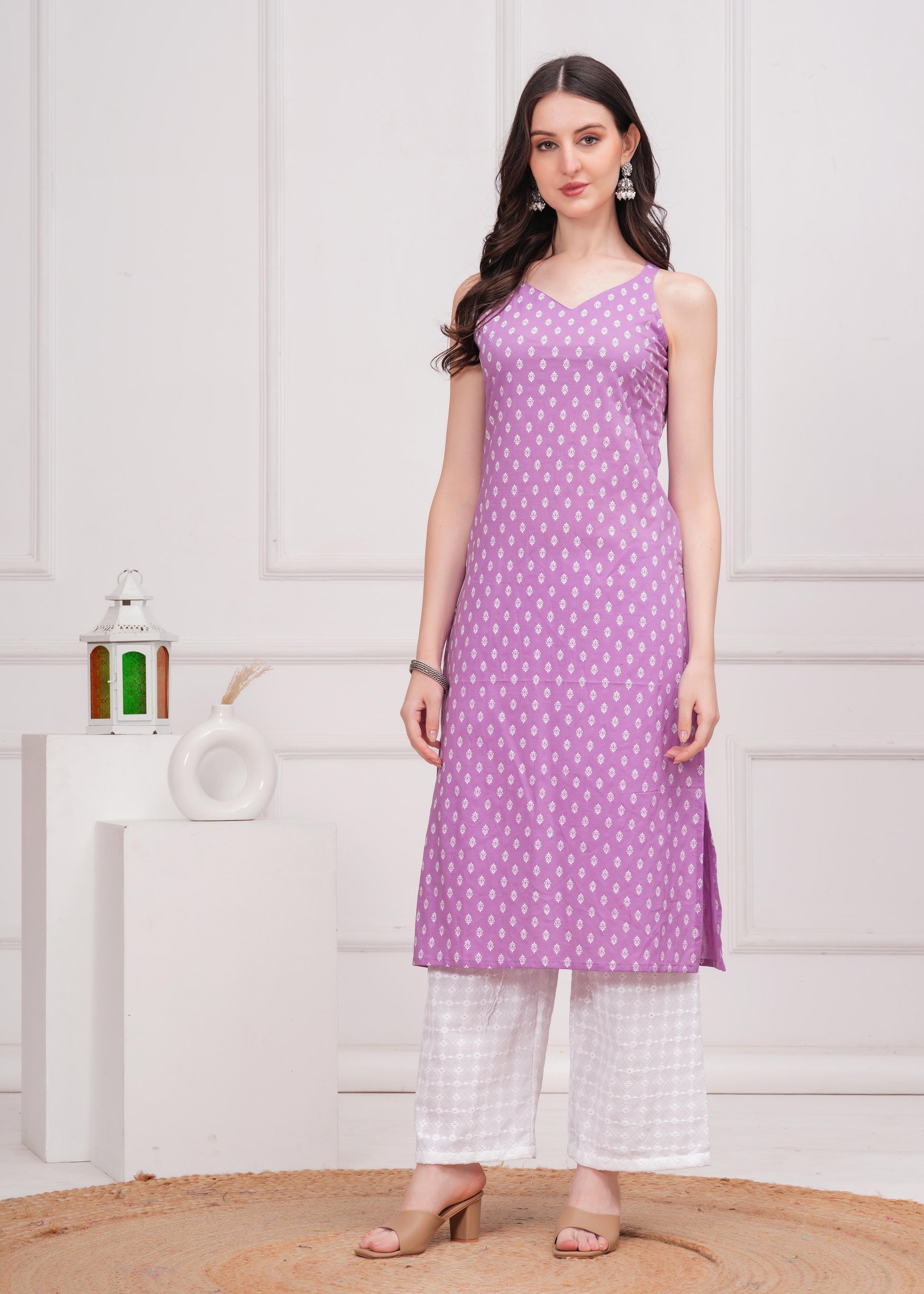 Women Purple Printed Straight Shoulder Straps Kurta | LASVINI - Redefining Indian Fashion with Elegance