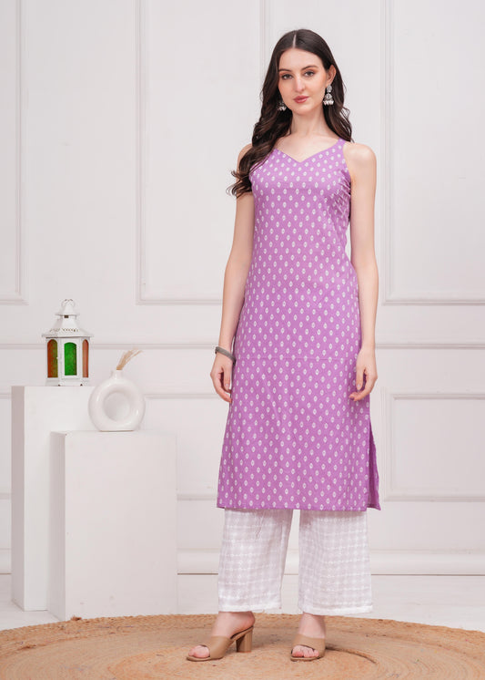 Women Purple Printed Straight Shoulder Straps Kurta | LASVINI - Redefining Indian Fashion with Elegance