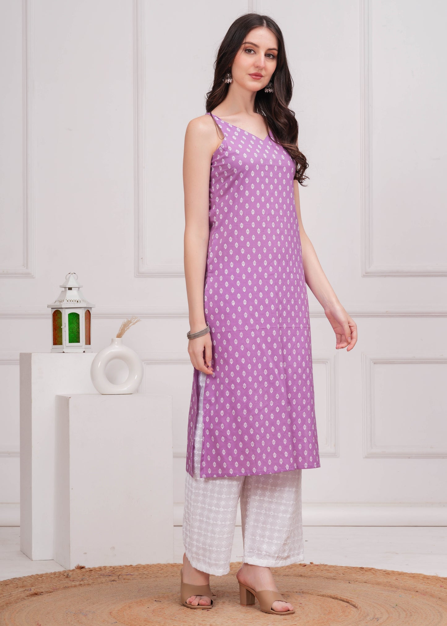 Women Purple Printed Straight Shoulder Straps Kurta | LASVINI - Redefining Indian Fashion with Elegance