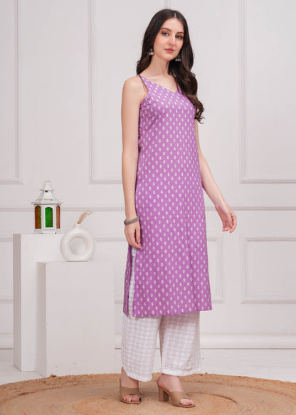 Women Purple Printed Straight Shoulder Straps Kurta | LASVINI - Redefining Indian Fashion with Elegance