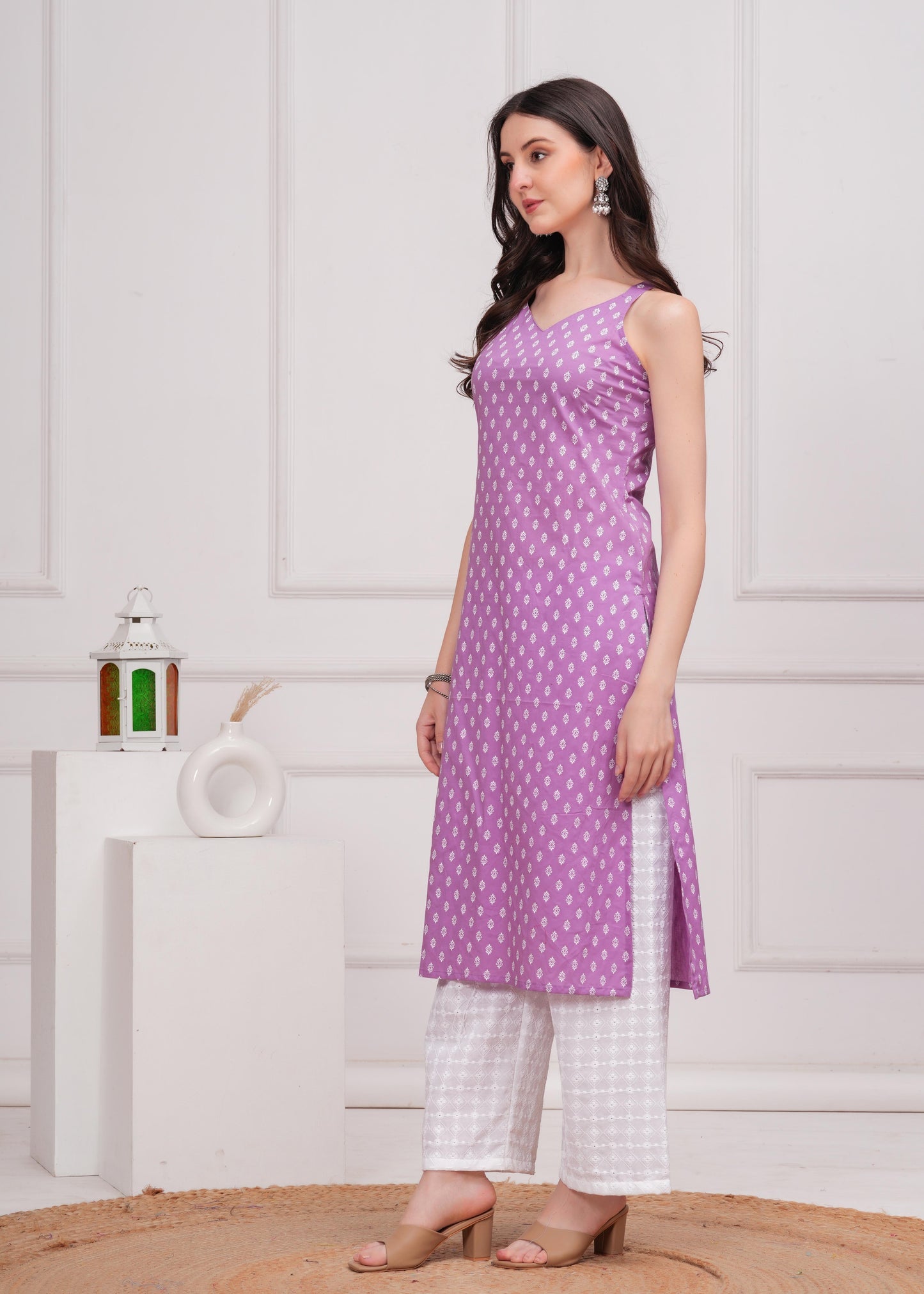 Women Purple Printed Straight Shoulder Straps Kurta | LASVINI - Redefining Indian Fashion with Elegance