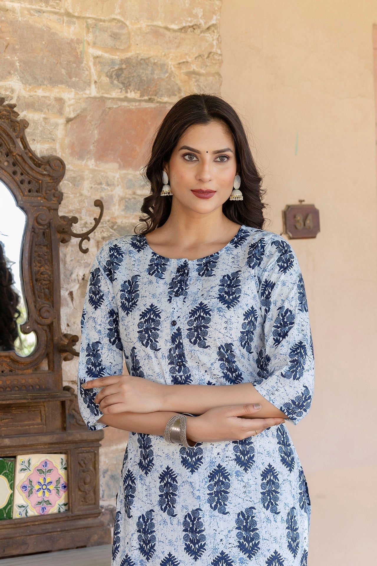 Women Blue Printed Straight Kurta with Three Quarter Sleeves | LASVINI - Redefining Indian Fashion with Elegance