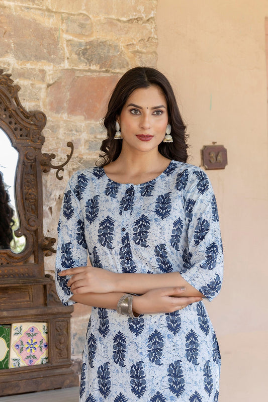 Women Blue Printed Straight Kurta with Three Quarter Sleeves | LASVINI - Redefining Indian Fashion with Elegance